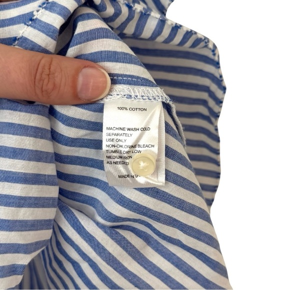 Trovata Small Carla Highneck Shirt in Blue White Stripe Flutter Sleeve Preppy - Picture 7 of 11